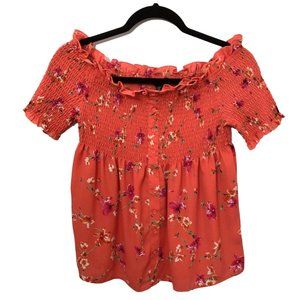 Atmosphere Off the Shoulder Smocked Red Orange Floral Top 4